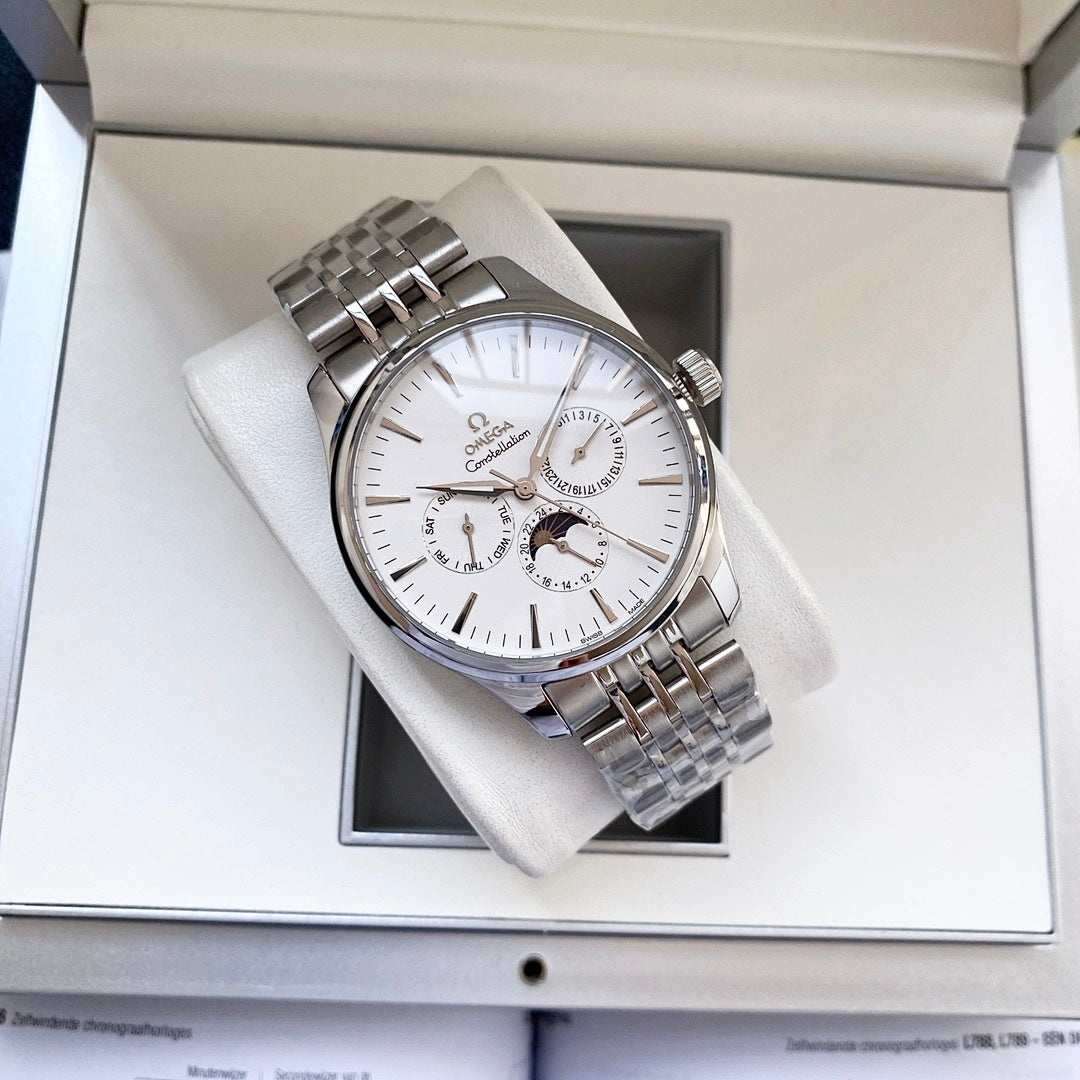 Omega watch with silver metal bracelet and white dial, shown in gift box