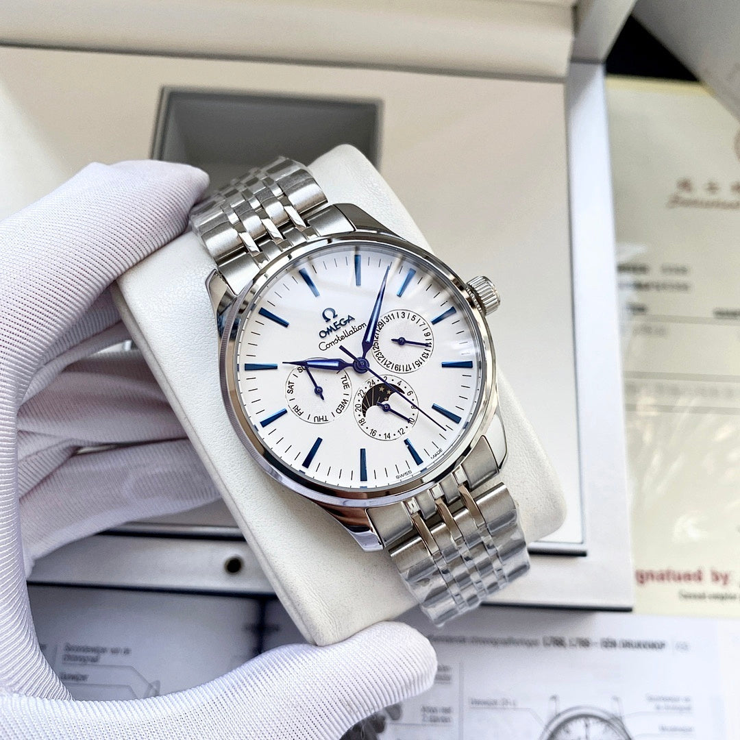 Omega watch with silver metal bracelet and white dial, visible subdials