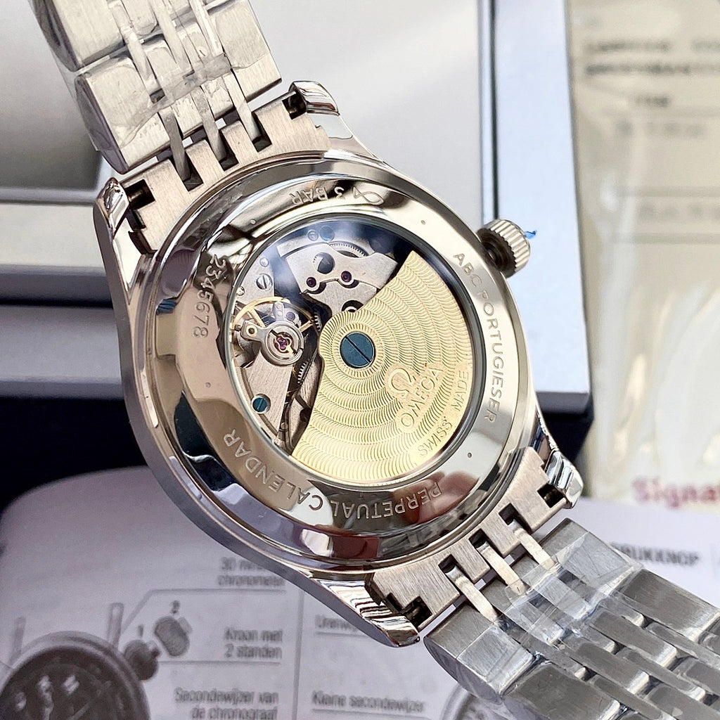 Omega watch case with open dial and mechanical details, silver metal bracelet