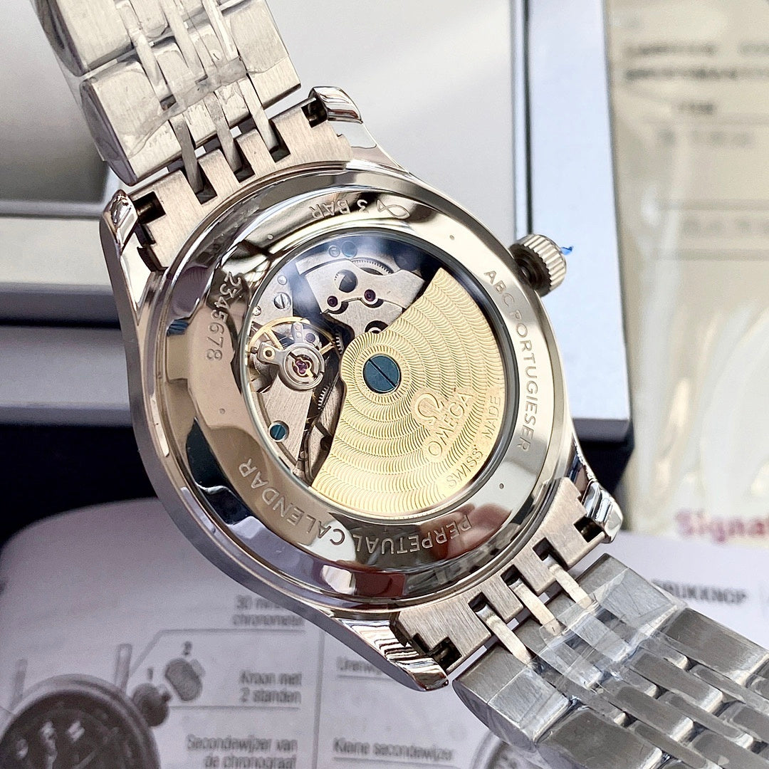 Omega watch case with open dial and mechanical details, silver metal bracelet