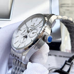 Omega watch with silver case and bracelet, white dial with subdials