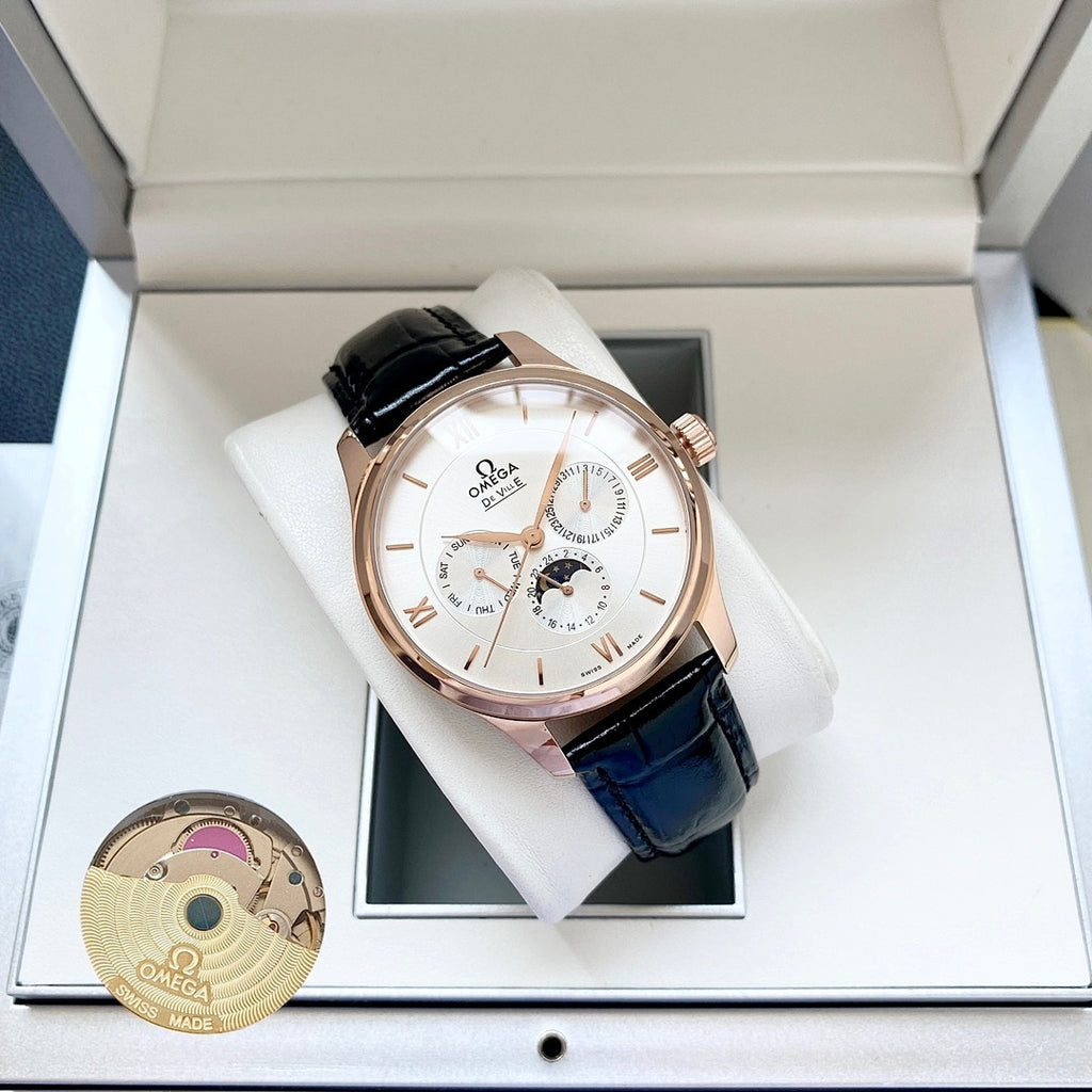 De Ville wristwatch with white dial and blue leather strap, rose gold-tone case