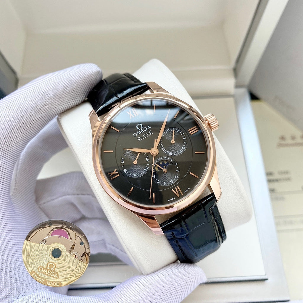 De Ville wristwatch with dark dial and black leather strap, rose gold-tone case