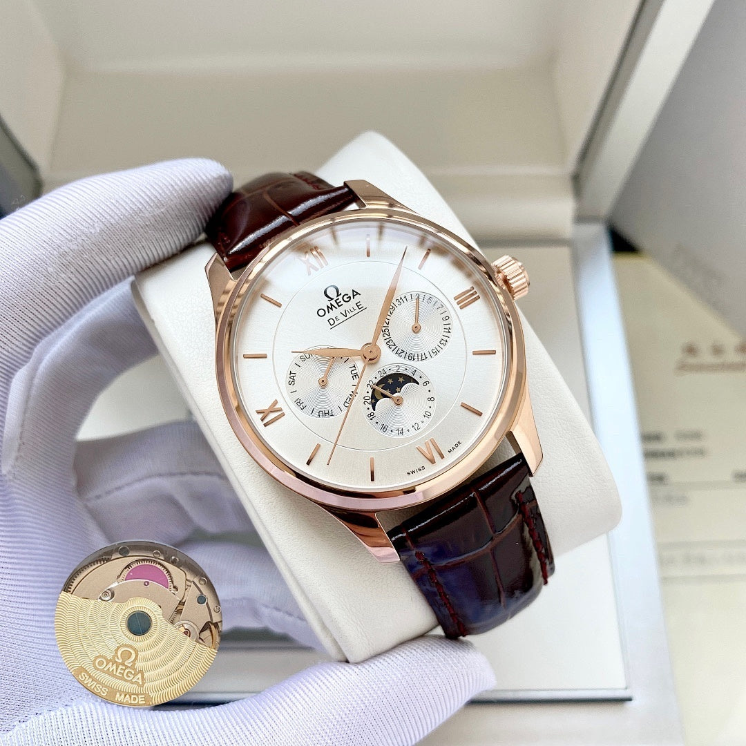 De Ville wristwatch with white dial and brown leather strap, rose gold-tone case