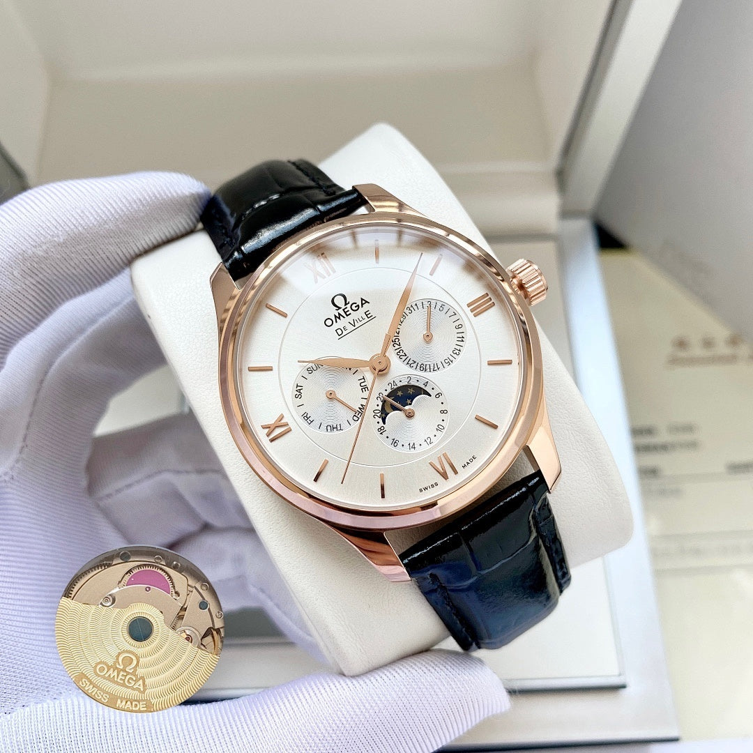 De Ville wristwatch with white dial and black leather strap, rose gold-tone case