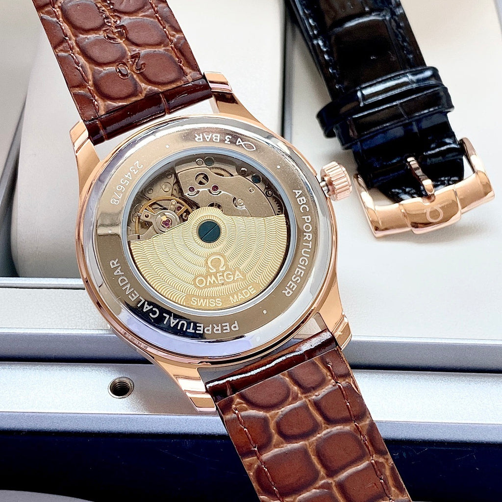 De Ville wristwatch case back with exposed movement and brown leather strap