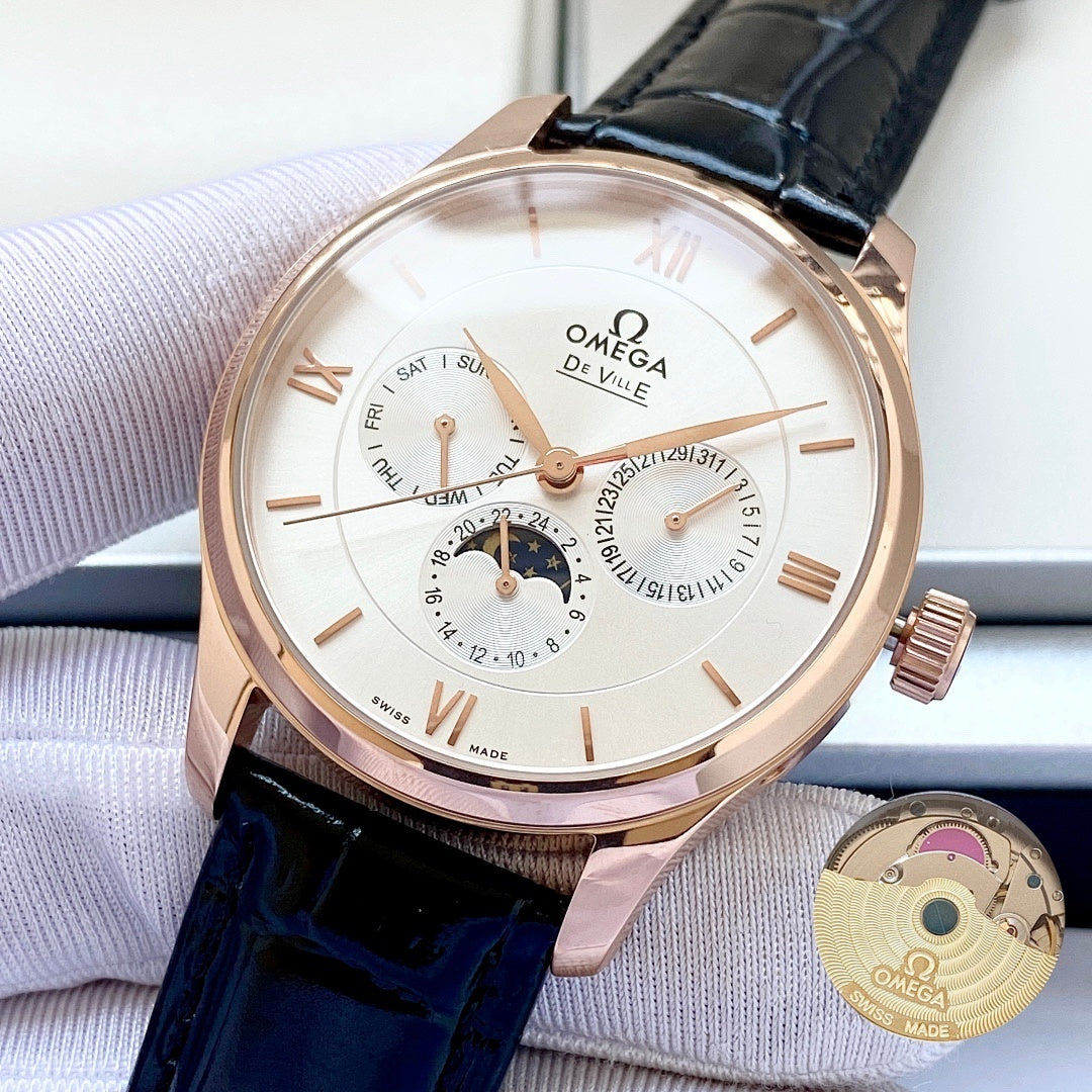 De Ville wristwatch with white dial and black leather strap, rose gold-tone case
