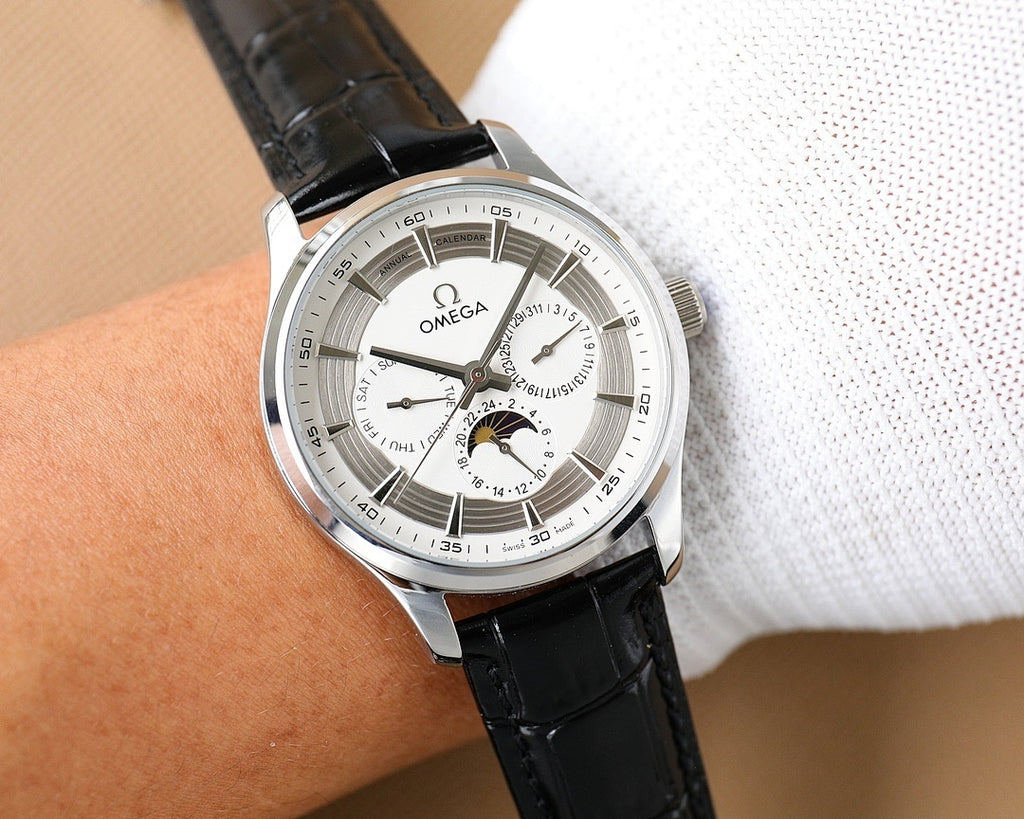 Omega watch with silver case, white dial, black leather strap