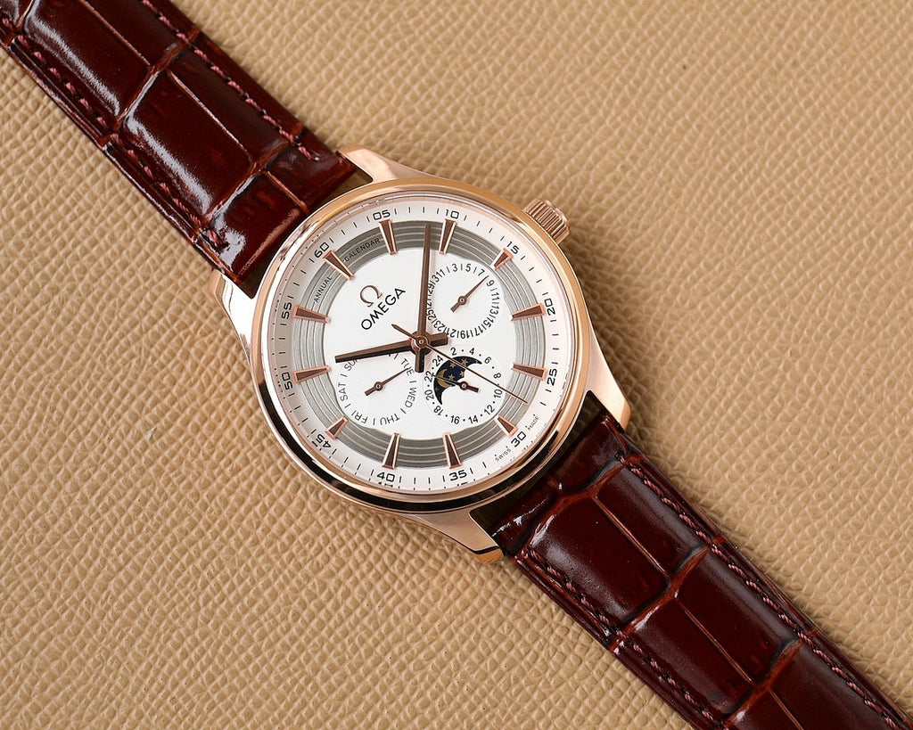 Omega watch front view with rose-gold case, white dial, brown leather strap