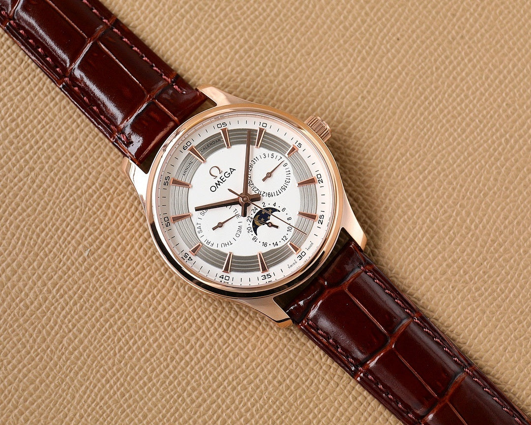 Omega watch front view with rose-gold case, white dial, brown leather strap