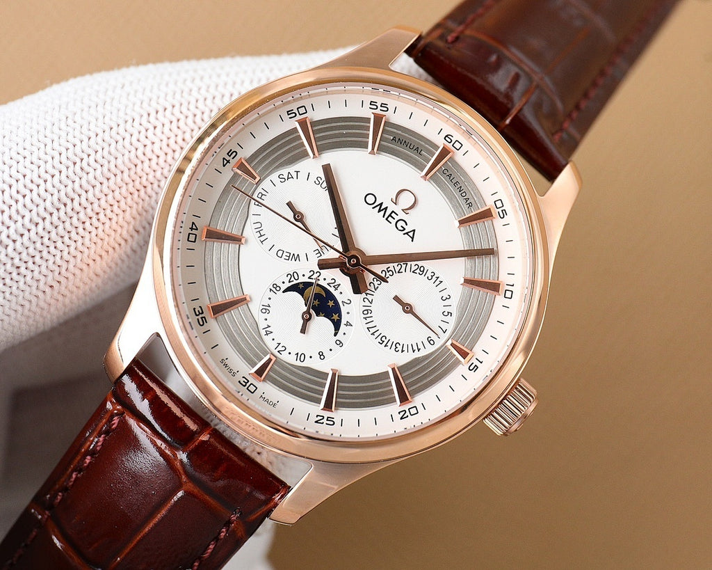 Omega watch with rose-gold case, white dial, brown leather strap