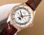 Omega watch with rose-gold case, white dial, brown leather strap