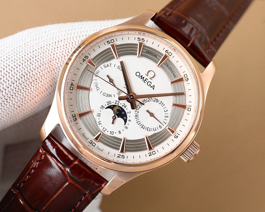 Omega watch with rose-gold case, white dial, brown leather strap