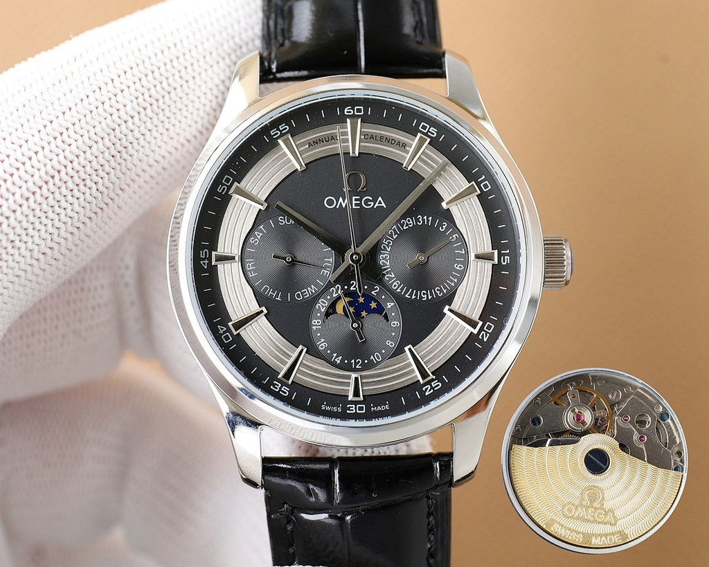 Omega watch with silver case, dark dial, black leather strap
