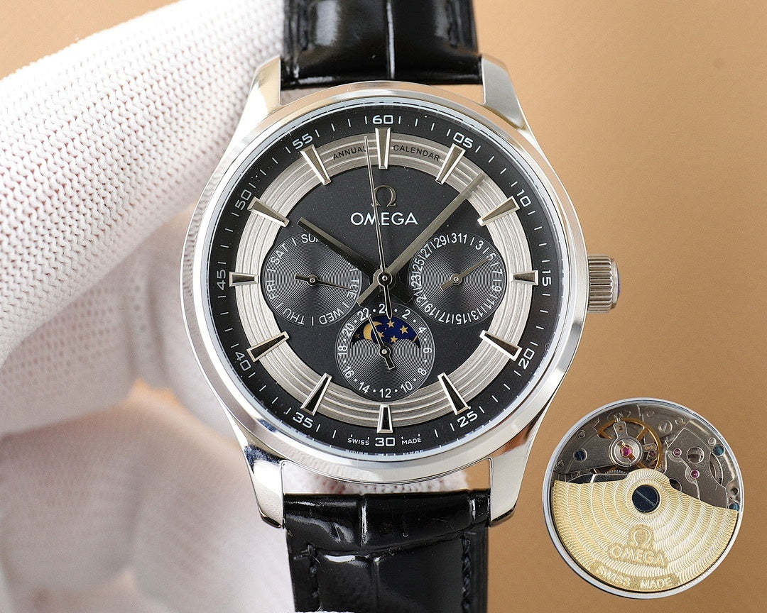 Omega watch with silver case, dark dial, black leather strap