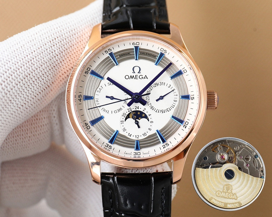 Omega watch with rose-gold case, white dial, black leather strap; movement inset