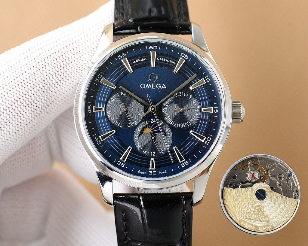 Omega watch with silver case, blue dial, black leather strap