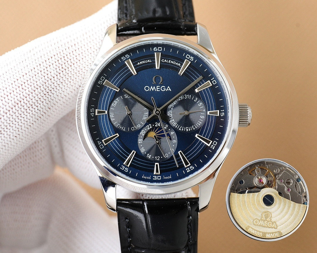 Omega watch with silver case, blue dial, black leather strap