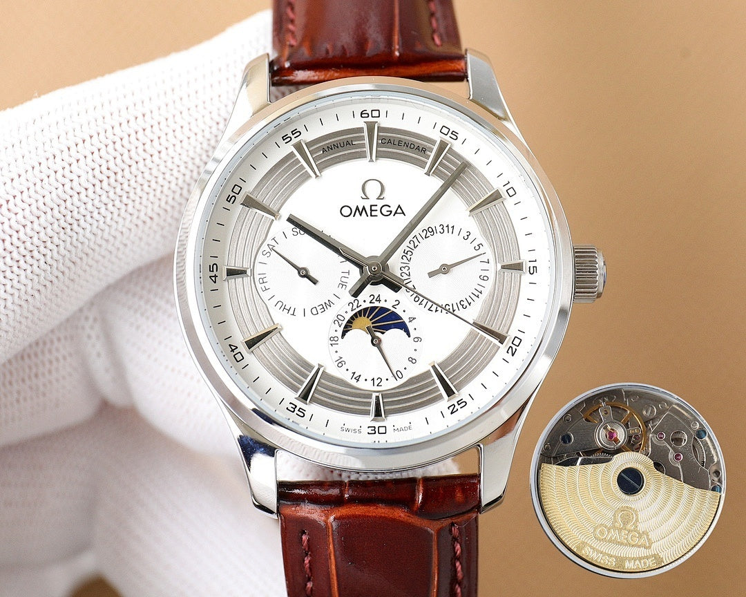 Omega watch with silver case, white dial, brown leather strap; movement inset