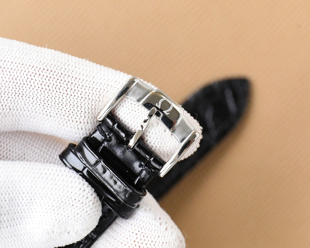 Omega watch leather strap and clasp, glossy black croc-style, metal buckle