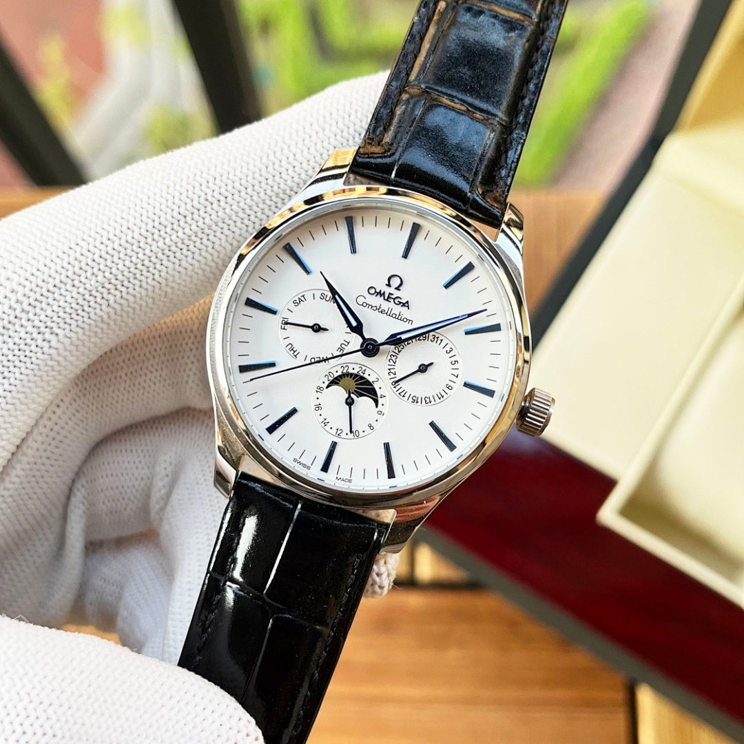 Omega watch with white dial, black leather strap, silver case and chronograph subdials