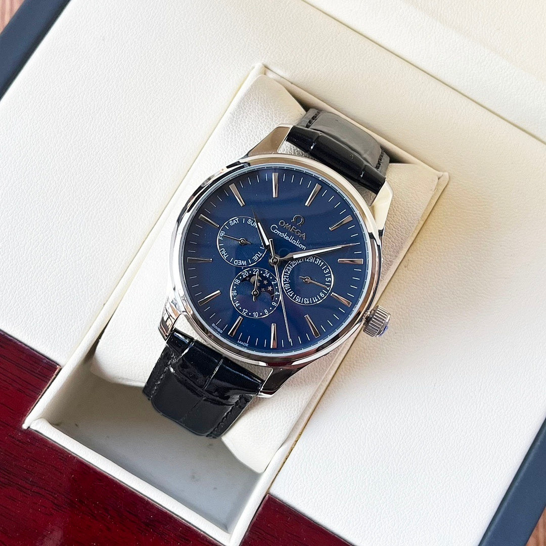 Omega watch with blue dial, black leather strap, silver case and chronograph subdials