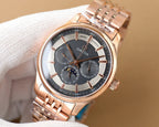 Rose gold Omega wristwatch with black dial and metal bracelet on white cloth