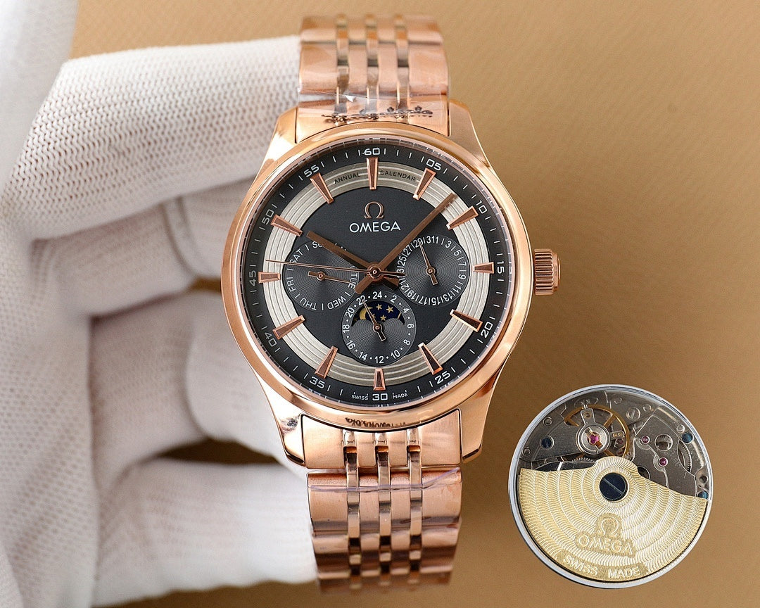 Rose gold Omega wristwatch with dark dial and metal bracelet on white cloth