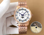 Rose gold Omega wristwatch with white dial and blue hands, shown with caseback disk
