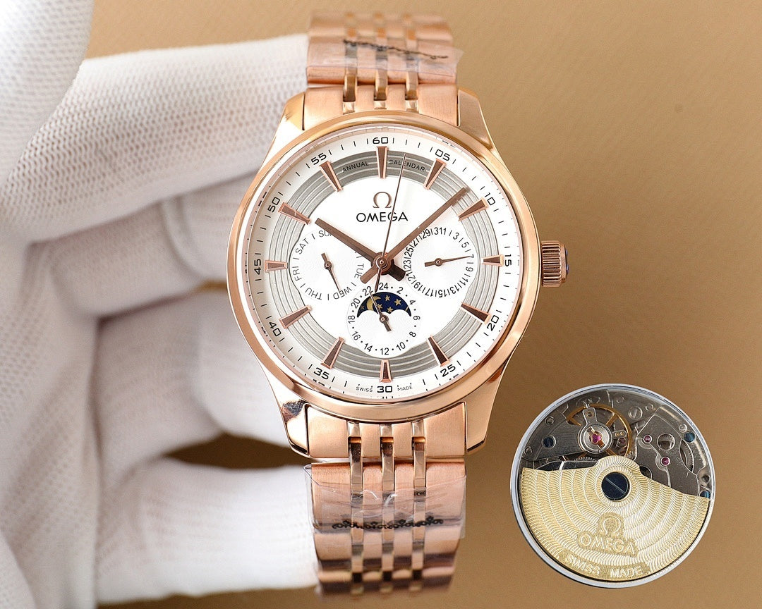 Rose gold Omega wristwatch with white dial and metal bracelet, plus caseback disk