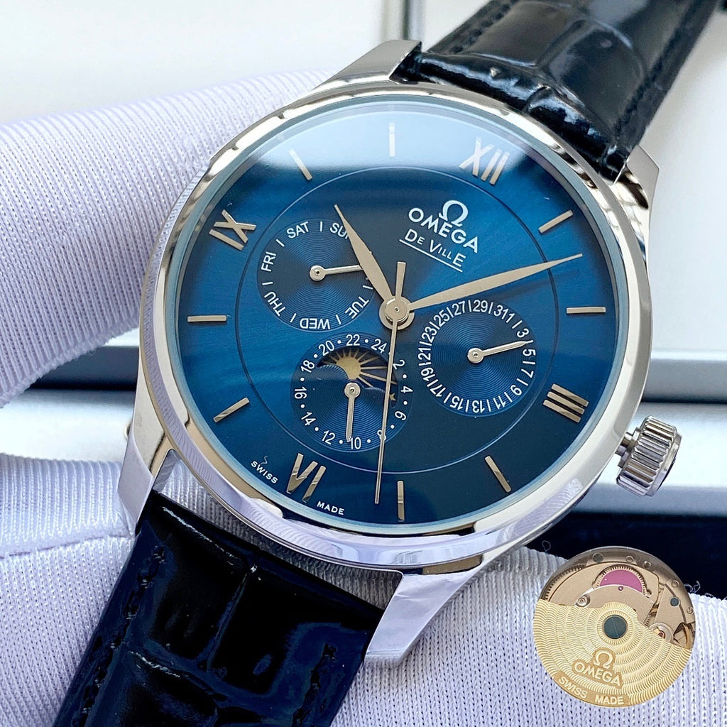 Wristwatch with blue dial and black leather strap, Roman numerals on face