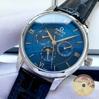 Wristwatch with blue dial and black leather strap, Roman numerals on face