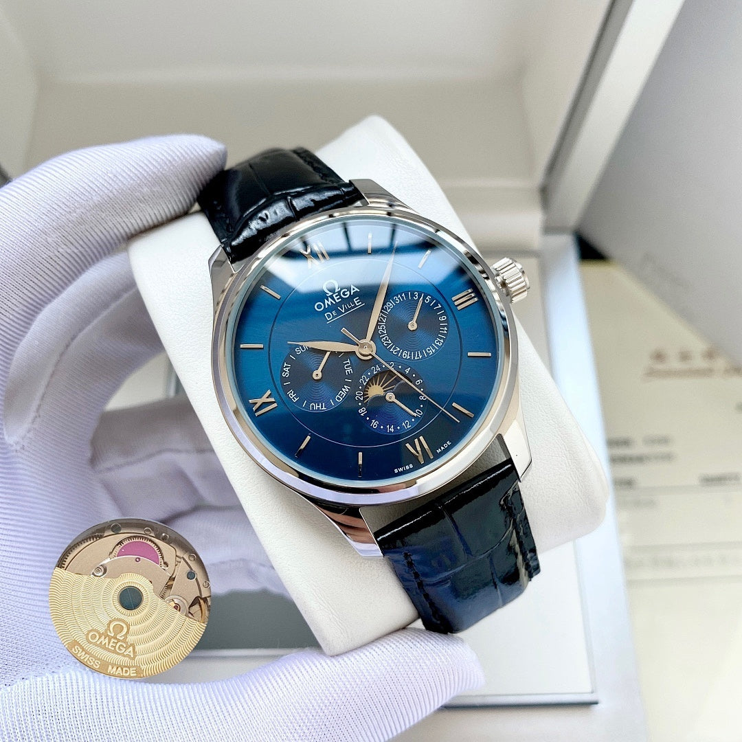 Wristwatch with blue dial and blue leather strap, silver-tone round case