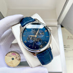 Omega watch with blue dial and blue leather strap, silver-tone case and bezel