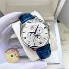 Wristwatch with white dial and blue leather strap, Roman numeral markers