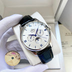 Wristwatch with white dial and black leather strap, silver-tone round case