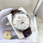 Wristwatch with white dial and brown leather strap, silver-tone case and bezel