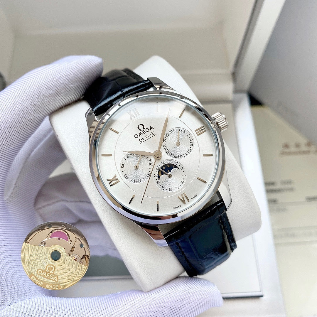 Wristwatch with white dial and black leather strap, silver-tone case and bezel
