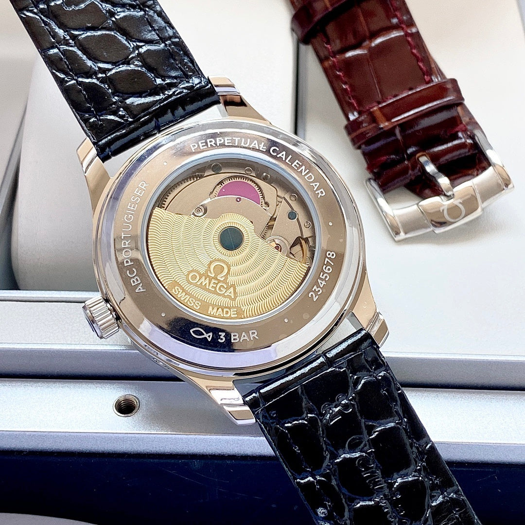 Wristwatch case back with visible movement, on black leather strap