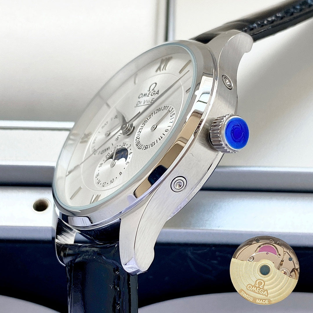 Wristwatch rear case view with blue crown accent, black leather strap
