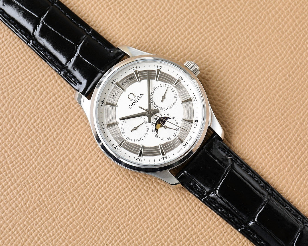 Omega watch with silver case, black leather strap, and multi-dial white face.