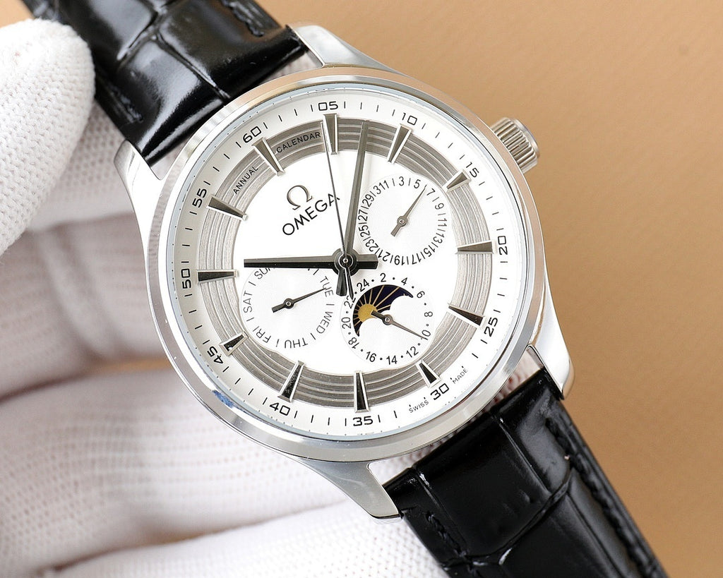 Omega watch front view with silver case, black leather strap, white dial and sub-dials.