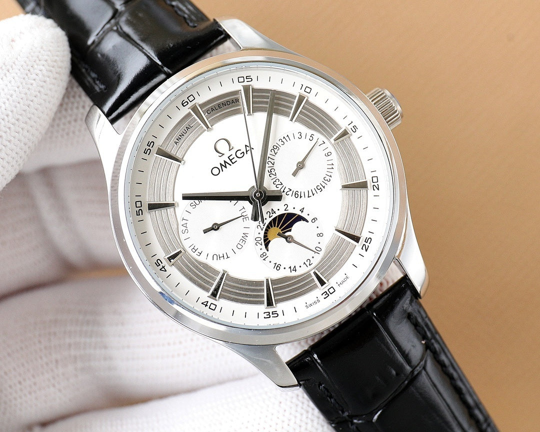 Omega watch front view with silver case, black leather strap, white dial and sub-dials.