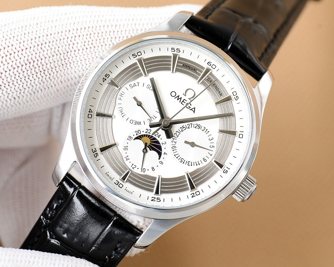 Omega watch with silver case, black leather strap, white dial and sub-dials.