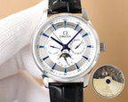Omega watch with blue accents on white dial, black leather strap; movement insert shown.