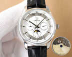Omega watch front view with silver case, black leather strap, and visible sub-dials.