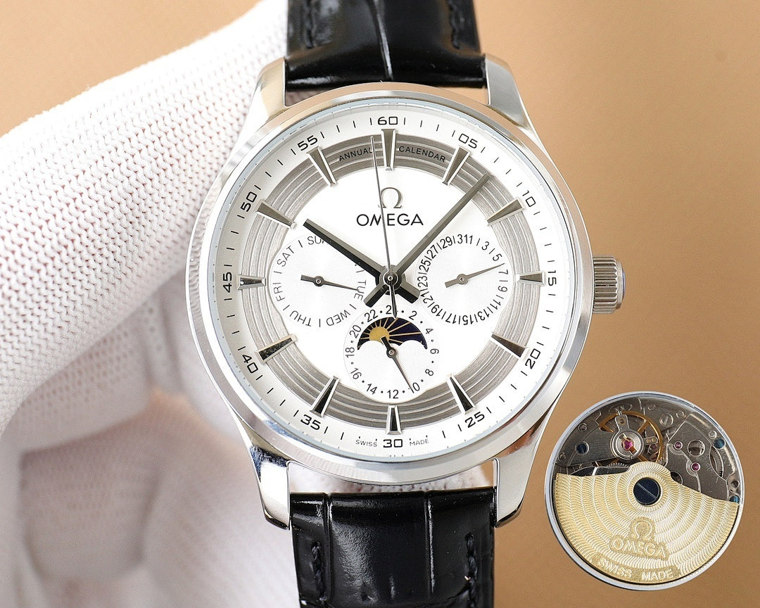 Omega watch front view with silver case, black leather strap, and visible sub-dials.