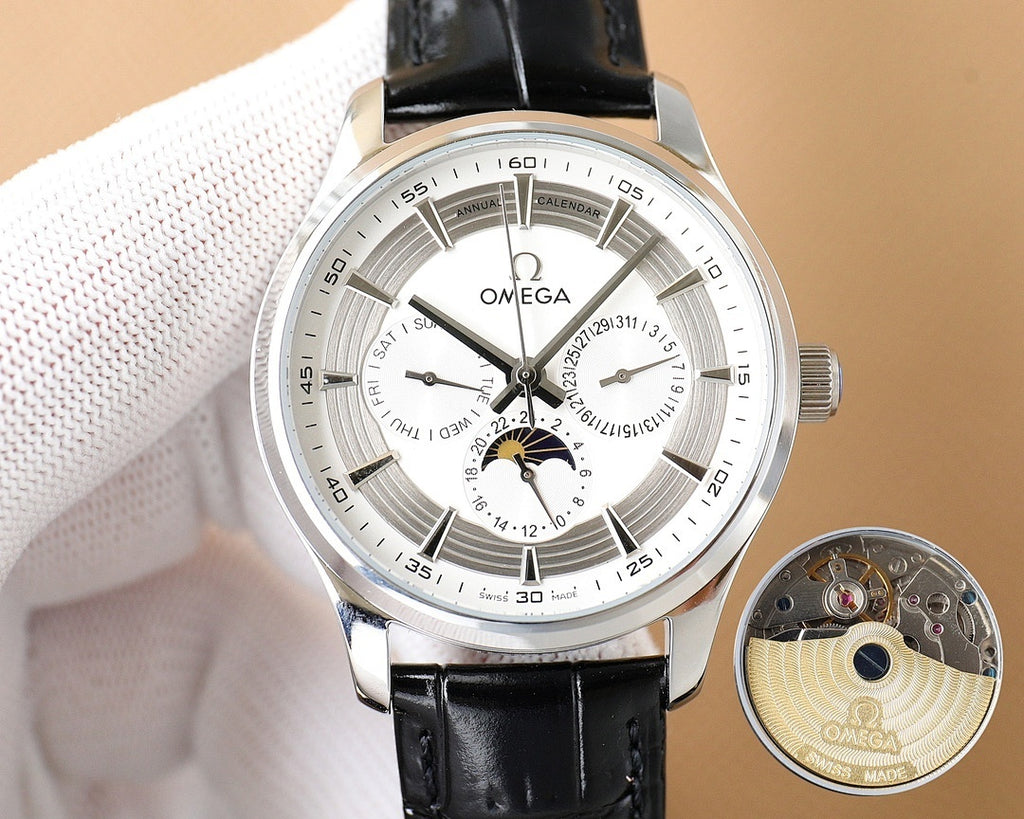 Omega watch with silver case and black leather strap; movement insert shown beside it.