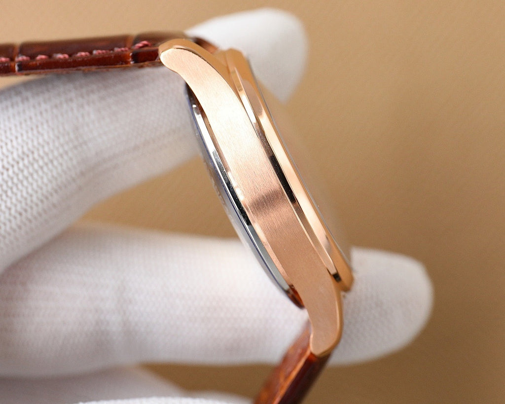 Omega wristwatch side profile with rose-gold case and brown leather strap