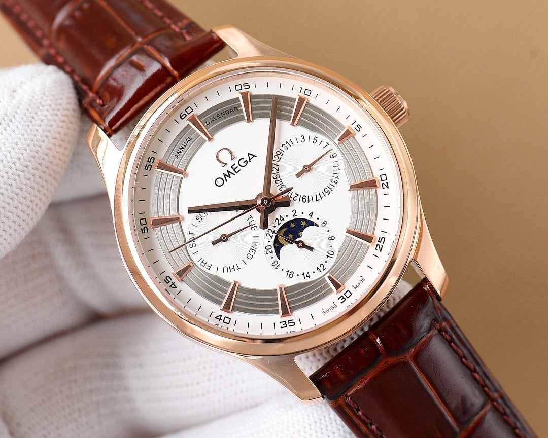 Omega wristwatch with rose-gold case, white dial, brown leather strap and visible hands
